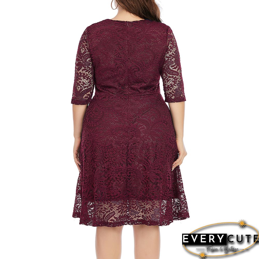 Red 1/2 Sleeve Plus Size Lace Dress