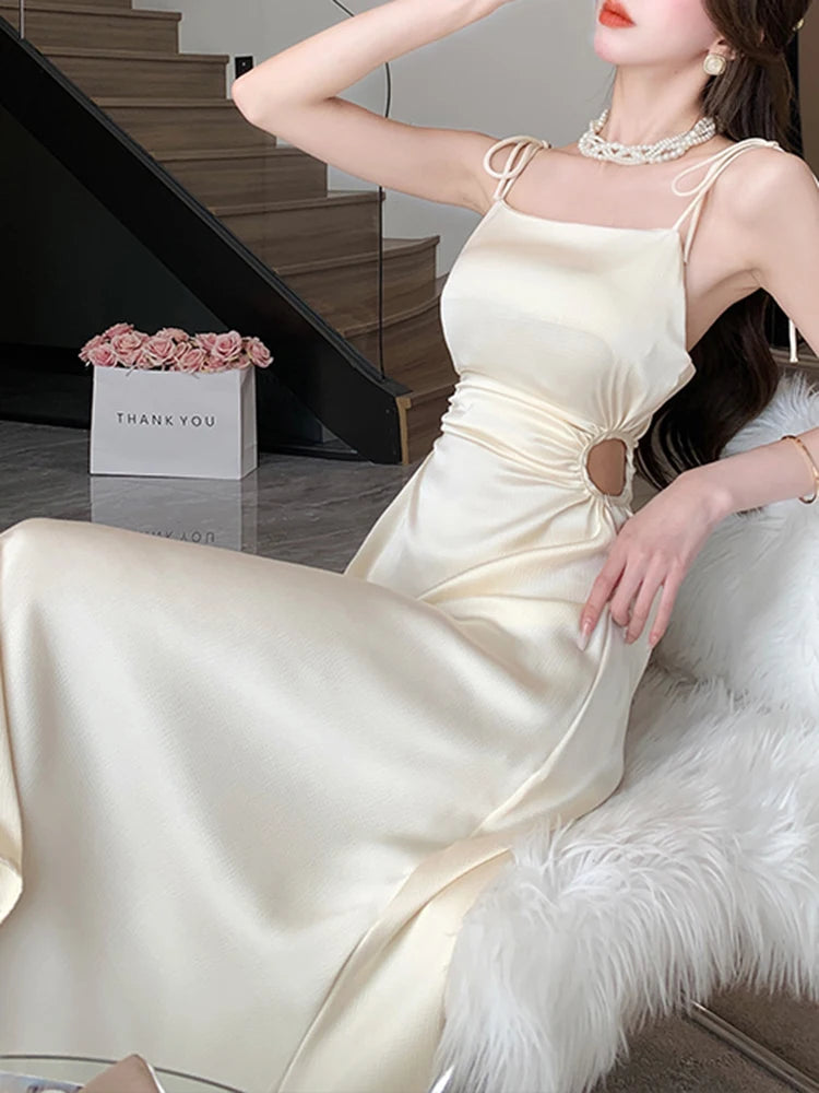 Jielur New Solid Color Sling Dress Women's Summer Korean Elegant Lady Pleated Dress Fashion Beach Sexy Backless A-line Dresses LANFUBEISI