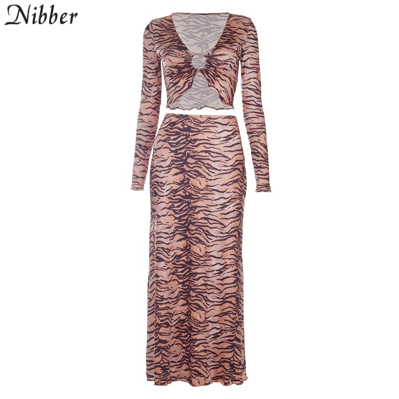 Nibber Tiger Print V-Neck Women Long Sleeve Sexy Crop Tops+Maxi Bodycon Long Dress Matching Outfit Female 2021 Spring Dress Set