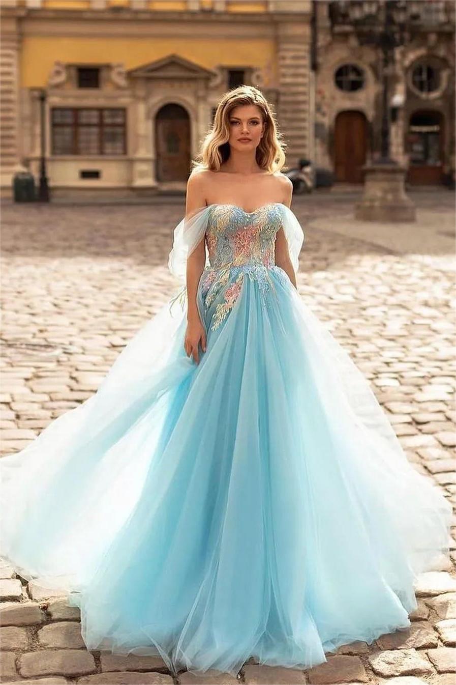 Lvs&Broner Sky Blue Off the Shoulder Tulle Sleeveless Sweetheart A Line Long Prom Dress 
