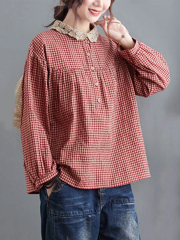 Plaid Ramie Cotton Plus Szie Long Sleeve Shirts