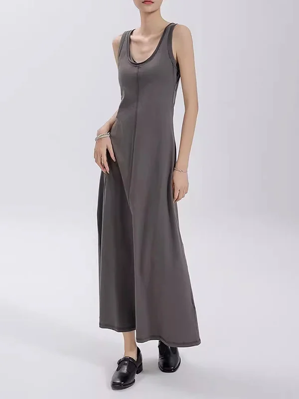 Solid Color Split-Joint Loose Sleeveless Round-Neck Maxi Dresses