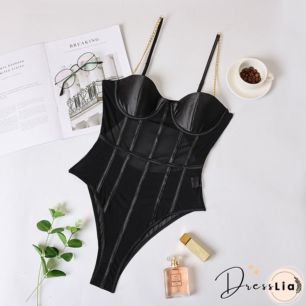 Black Mesh Transparent Bodysuit Metal Chain Straps Backless Bodysuits Sexy Bodycon Jumpsuit Fashion Club Party