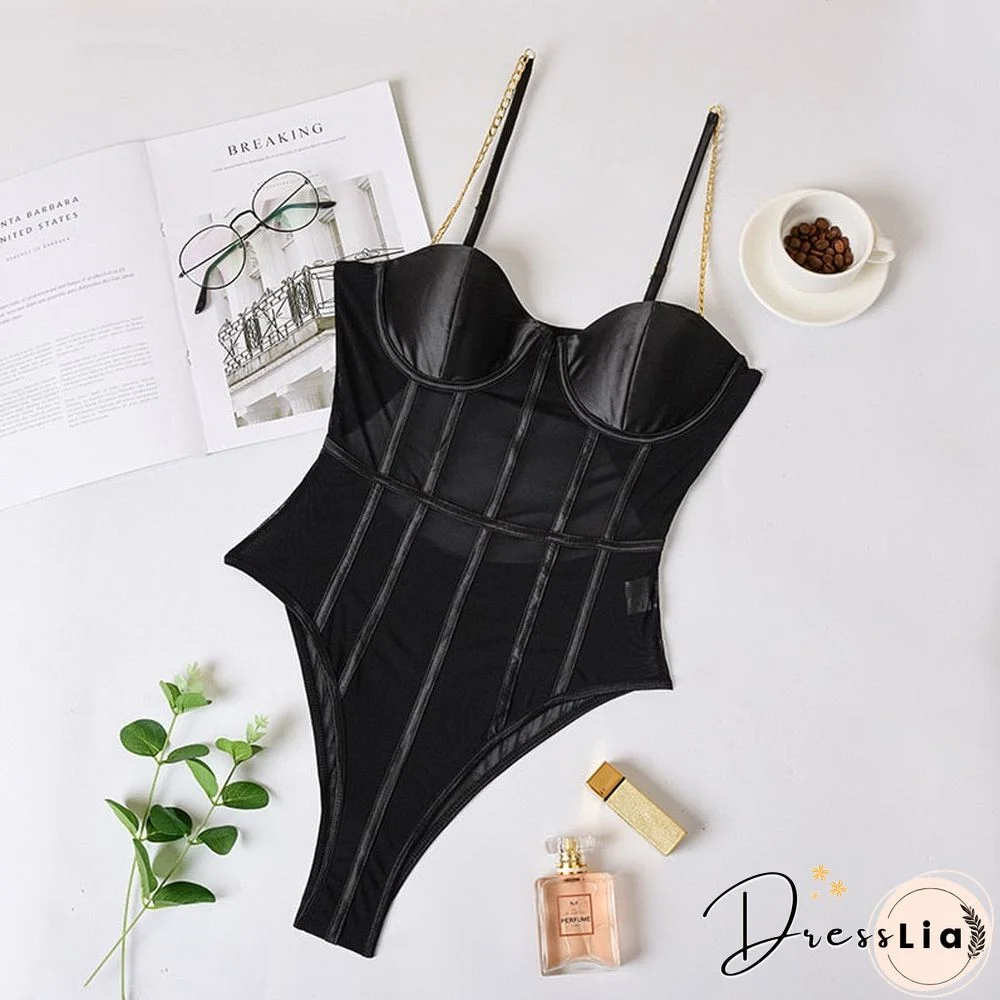 Black Mesh Transparent Bodysuit Metal Chain Straps Backless Bodysuits Sexy Bodycon Jumpsuit Fashion Club Party