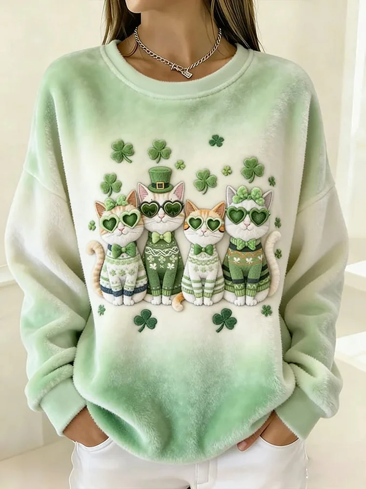 Women's Cute Shamrocks Cats Print Flannel Sweatshirt