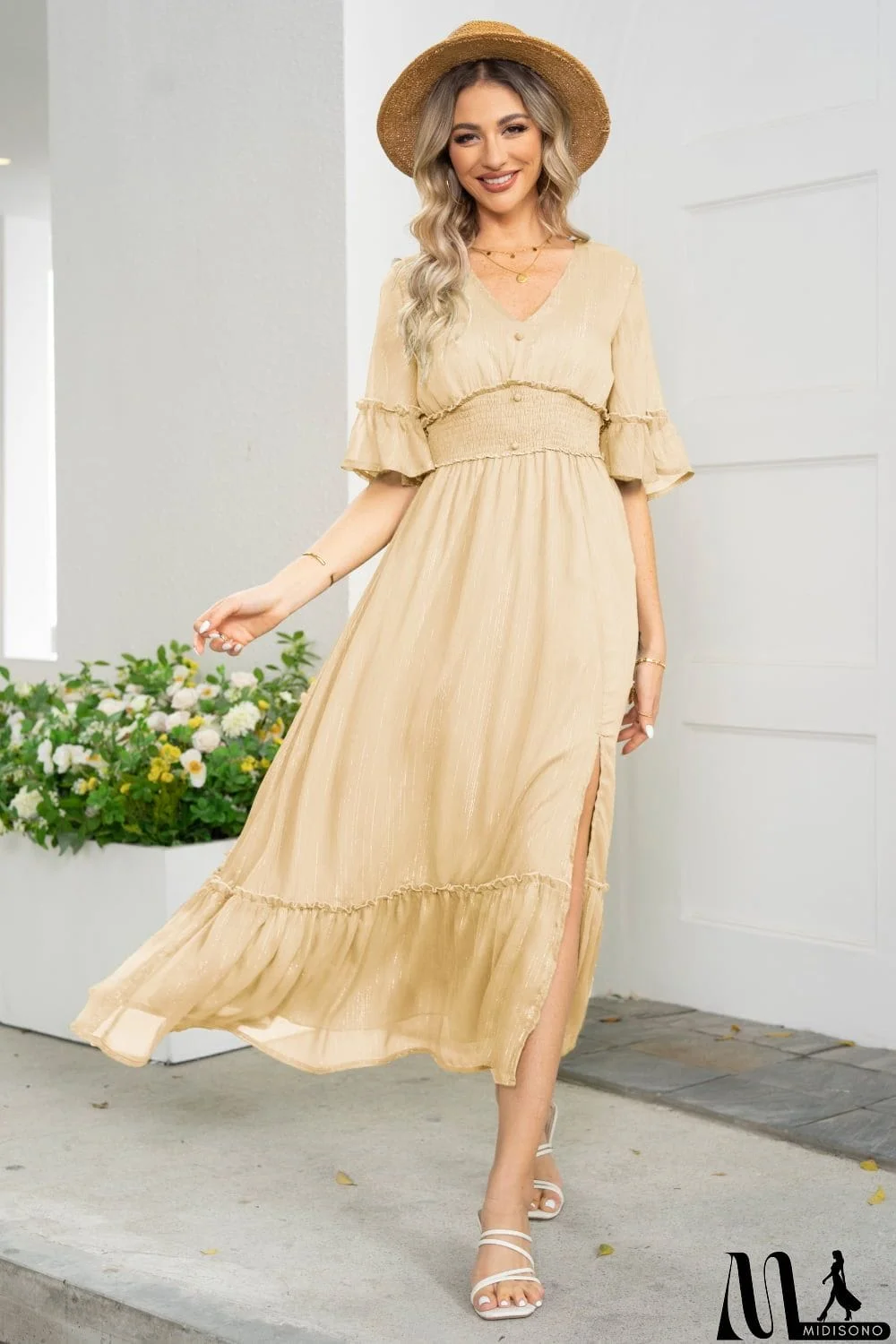 MidiSono - V-Neck Flounce Sleeve Smocked Waist High Slit Dress