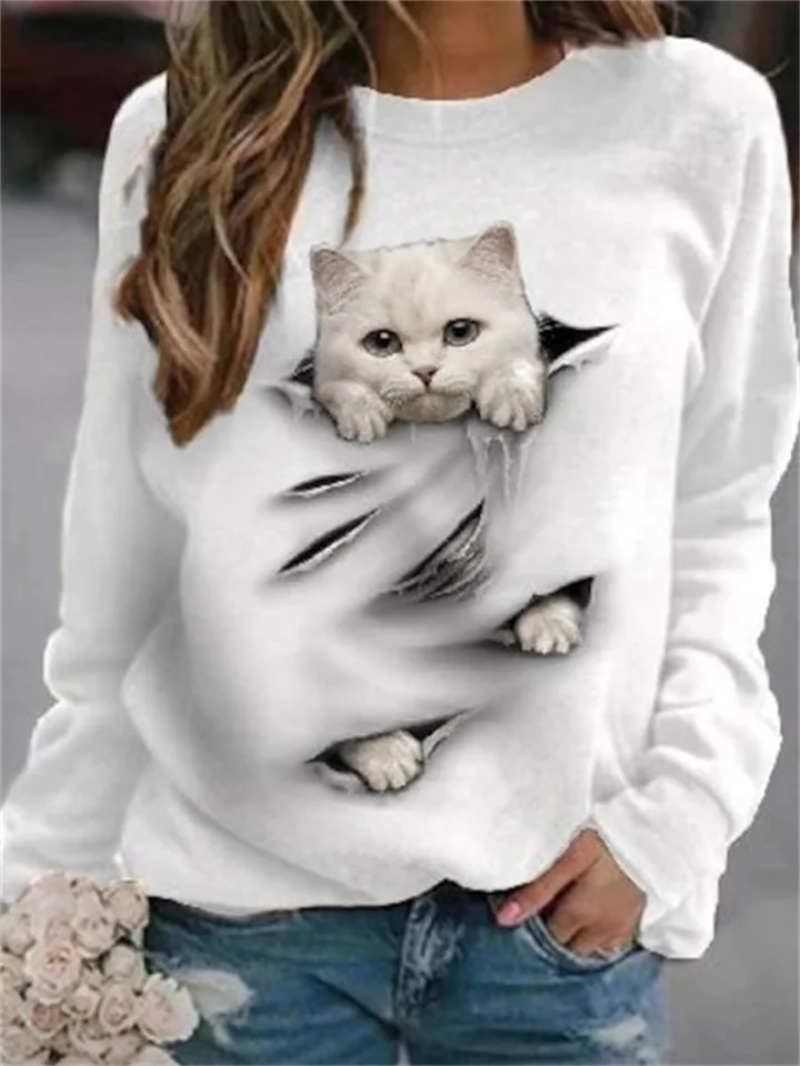 Women's Long Sleeve 3D Abstract Pattern Cat Round Neck T-Shirt Women's Tops-Cosfine