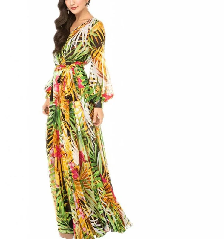 Uveng Uveng Spring/Summer Ama Xun's New Women's Dress Collar Lantern Sleeve Red Leaf Print Dress Large Skirt