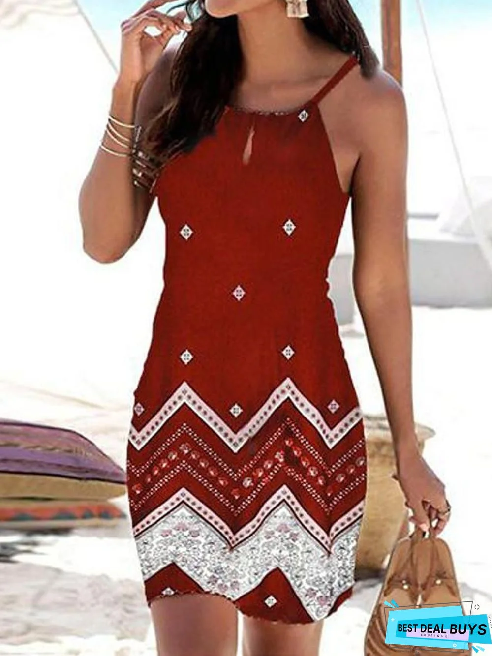 Women's Strap Dress Short Mini Dress - Sleeveless Geometric Print Summer Hot Boho Vacation Dresses White Black White Dresses