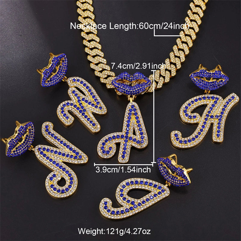 Hye Hot Sale 26 Letters Blue Mouth Pendant Cuban Link Chain Diamond-Embedded Hip Hop Couple Rapper Ornament