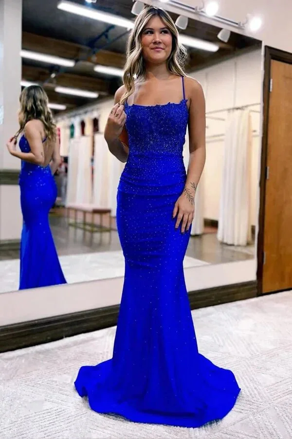 Dark green shiny glamorous mermaid slim round neck long satin prom dress evening gown party dress with beading