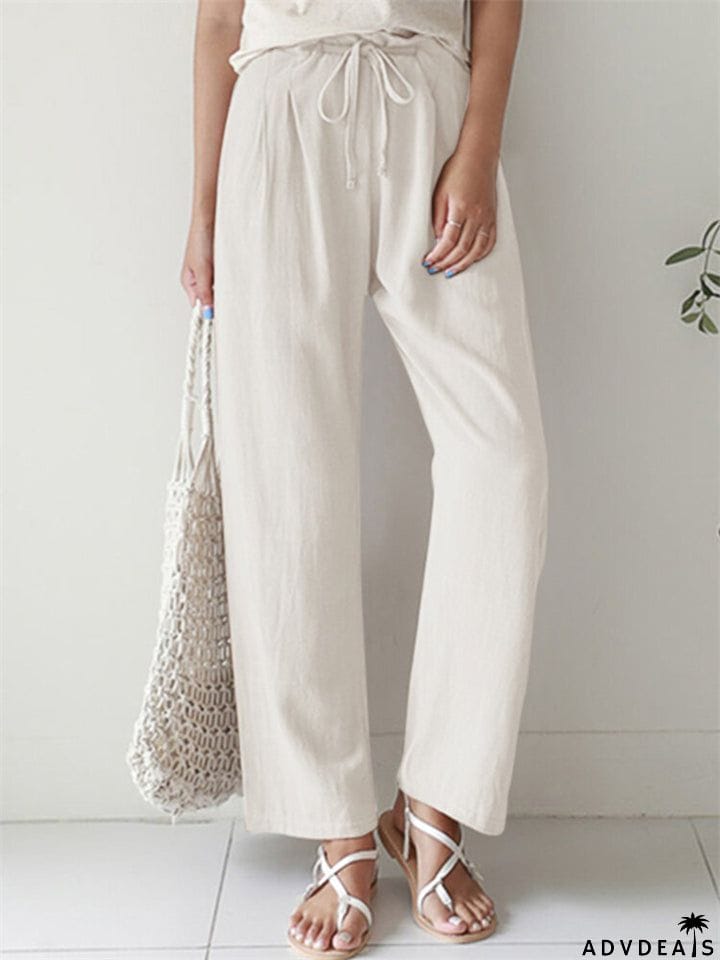 Women's Casual Solid Color Straight Leg Elastic Waist Wide Leg Pants