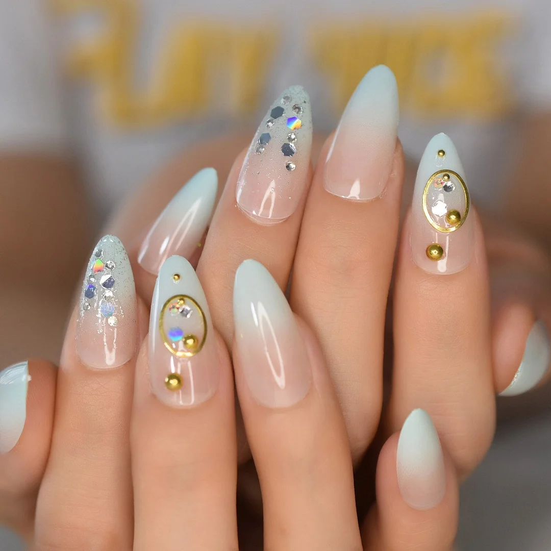 Gorgeous Rainbown Nails Coffin Shape 3D Crystal Decorative Faux Ongles Ombre Pink Blue Yellow Fashion Fake Nails Tip-Nail Inspo