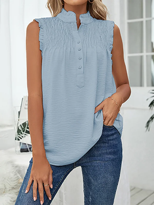 Solid Color Pleated Sleeveless Loose Stand Collar Vest Top