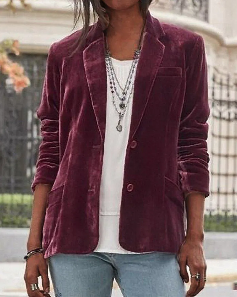 Lapel Plain Loose Velvet Coat