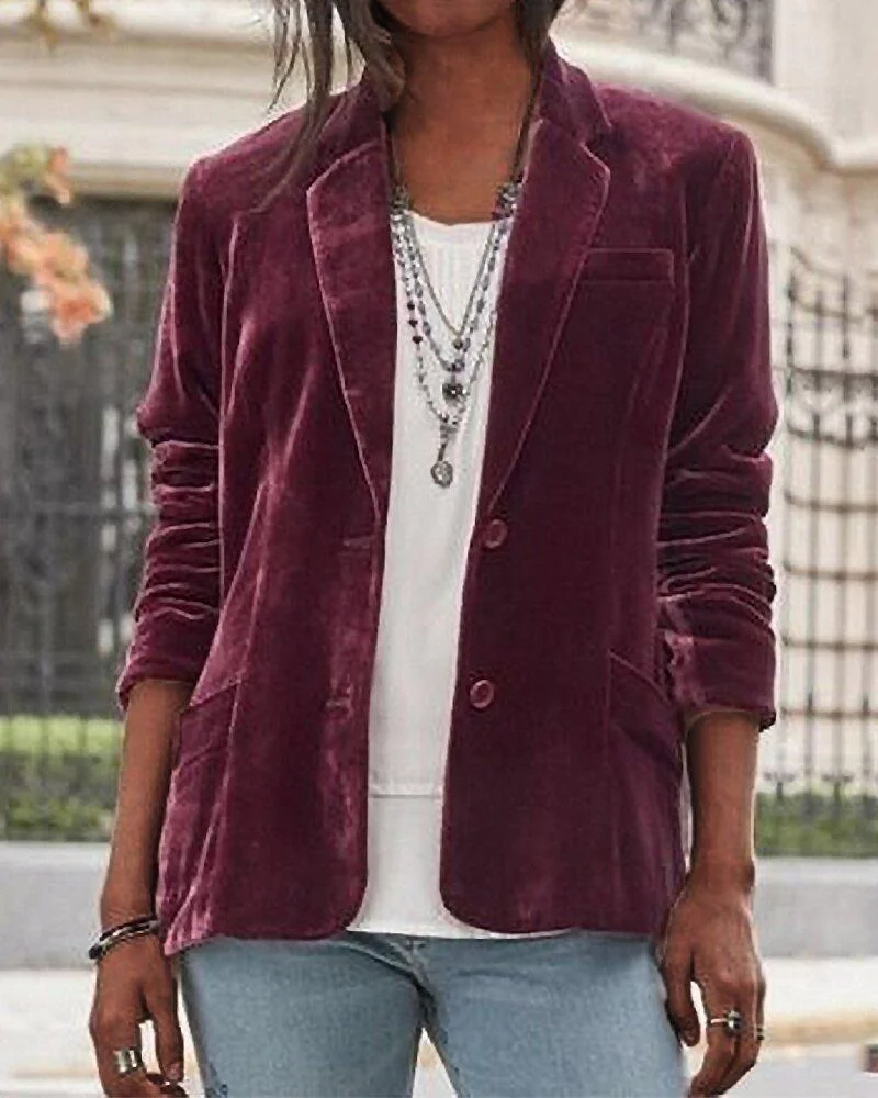 Lapel Plain Loose Velvet Coat