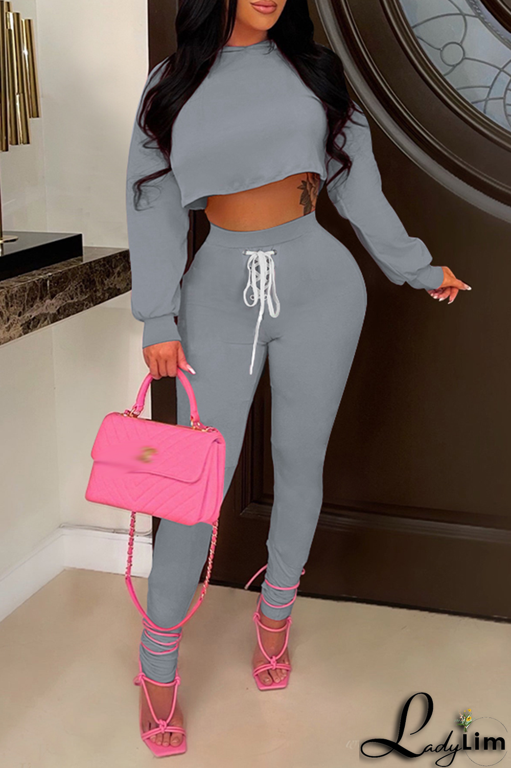 Blue Fashion Solid Patchwork V Neck Long Sleeve Two Pieces