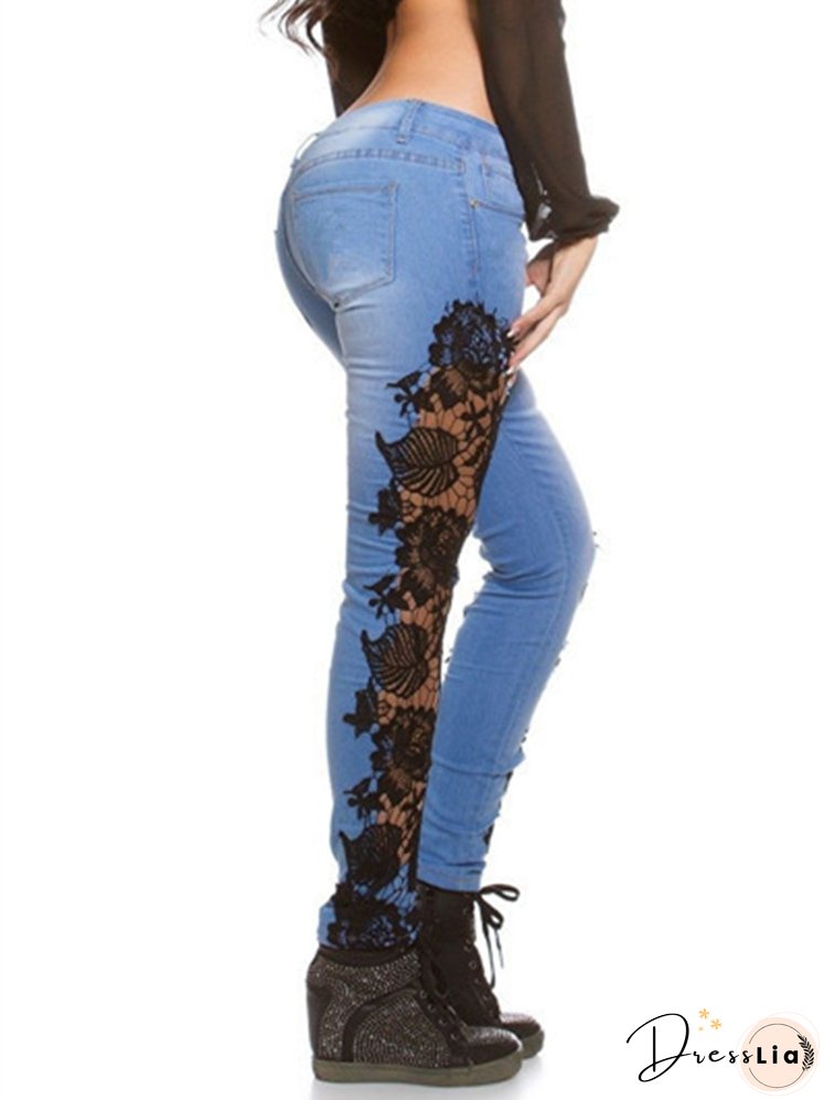 Lace Floral Crochet Cutout Elegant Sexy Denim Pencil Skinny Jeans