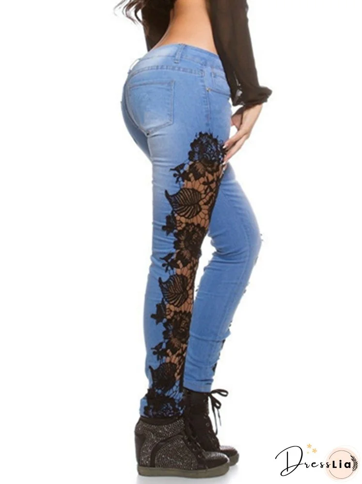 Lace Floral Crochet Cutout Elegant Sexy Denim Pencil Skinny Jeans