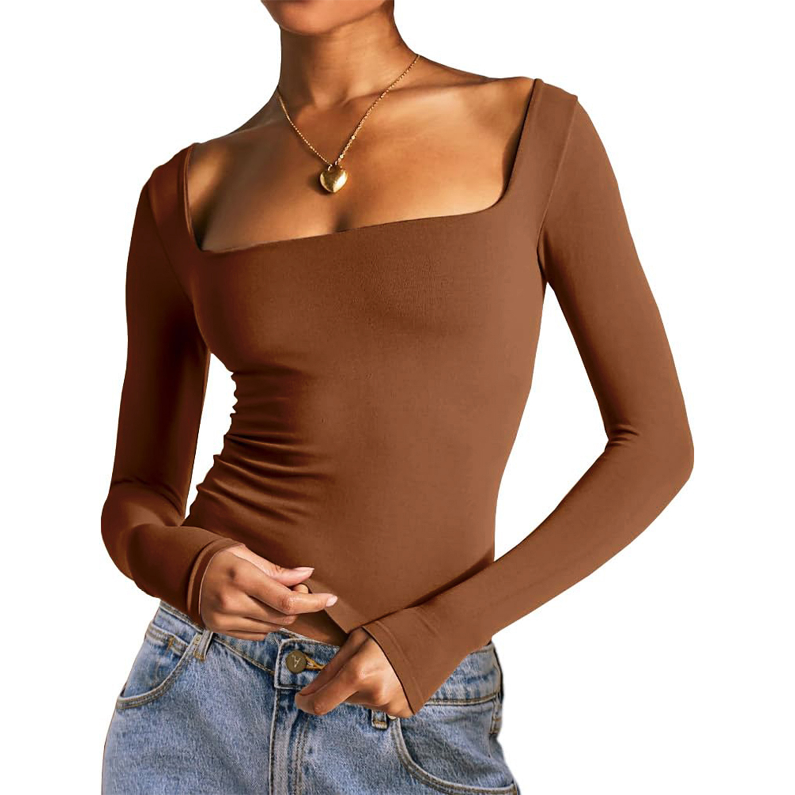 Metzwheels fall casual outfits women 2025 Women's Summer Slim Cropped Tops Solid Color Long Sleeve Square-Neck Basic T-Shirt Streetwear