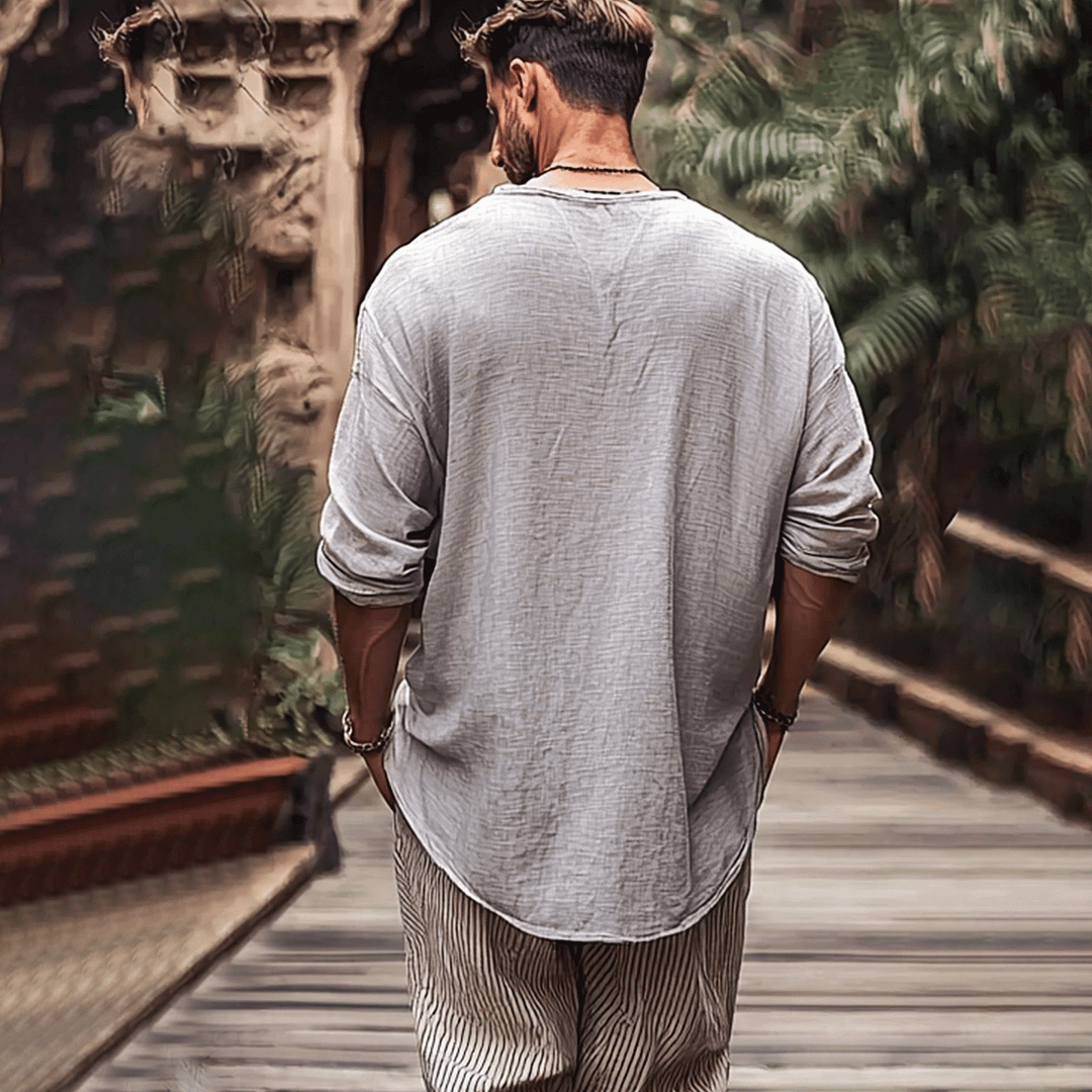 Men's V-neck Linen Shirt-inspireuse