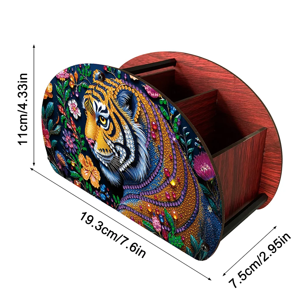 DIY Gem Tiger Design Wooden Diamond Painting Makeup Brush Storage Box Organizer
