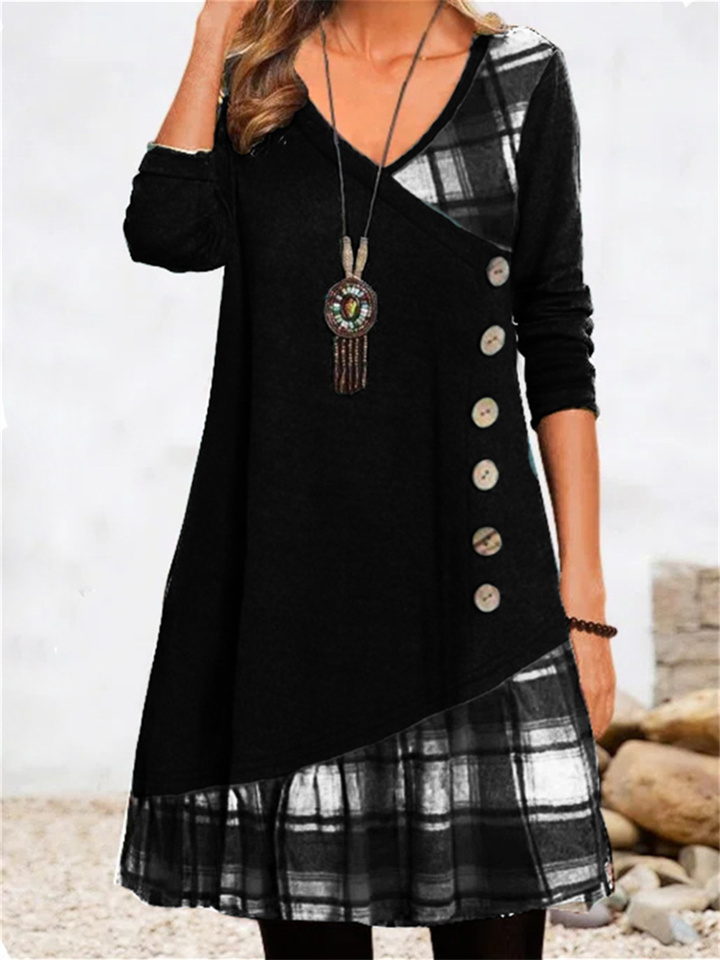 Women's Tartan Dress Casual Dress T Shirt Dress Tee Dress Mini Dress Dark Green 3/4 Length Sleeve Plaid Ruched Winter Fall Spring V Neck Modern Weekend 2022 S M L XL 2XL 3XL