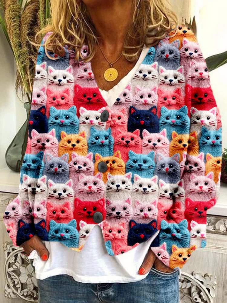 Colorful Cute Cats Embroidered Cozy Cardigan