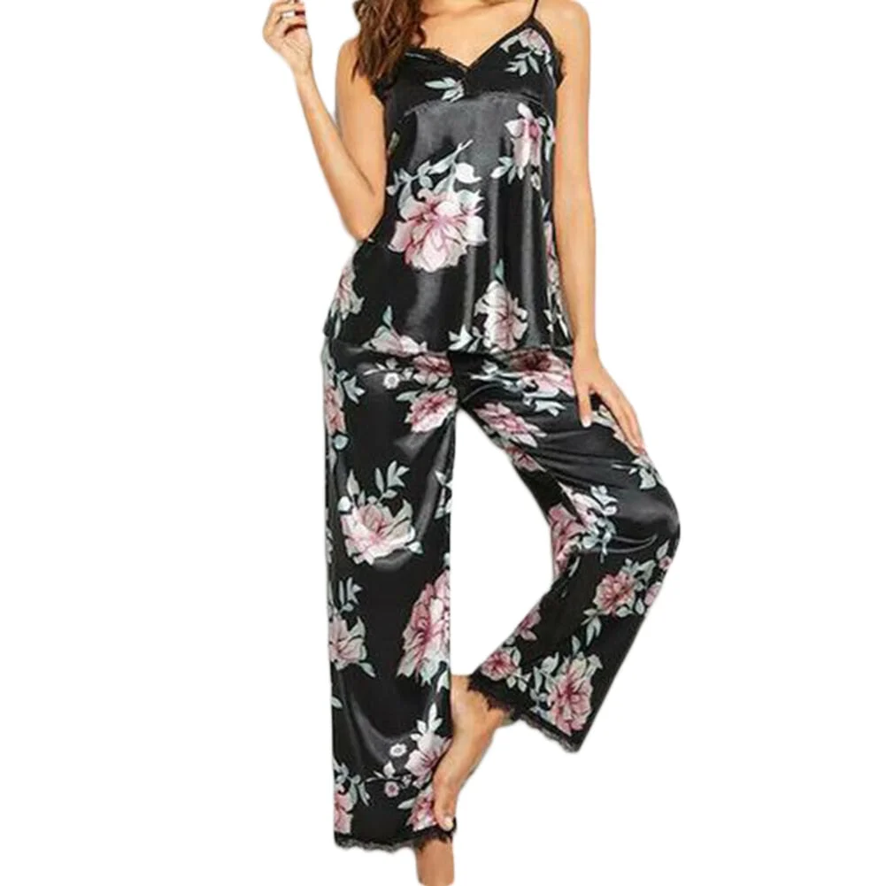 UForever21 Back To School 2Pcs Summer  Pajama Sets Women Floral Print V-Neck Lace Vest Long Pants  Sleepwear Women Night Gowns Women Pajama Sets
