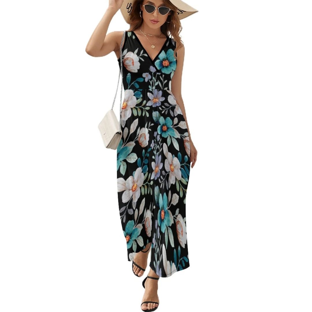 Green Grey Floral Casual Maxi Sleeveless Dress Summer Loose Beach  Long Cami Dresses - neewho