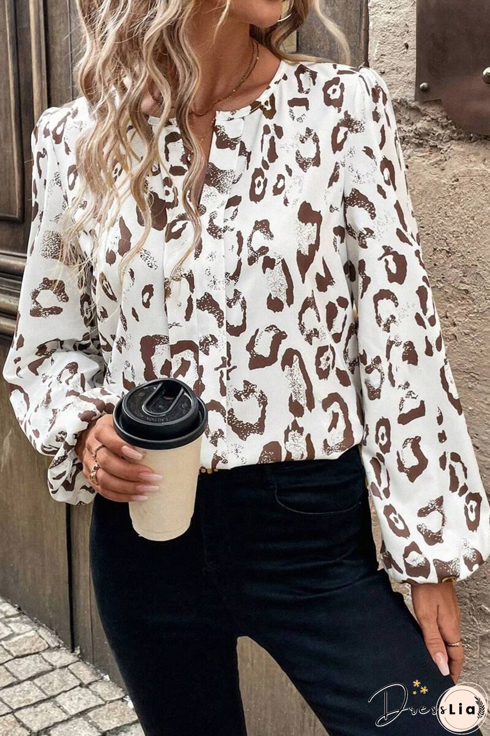 Khaki Leopard Print Split Neck Balloon Sleeve Blouse