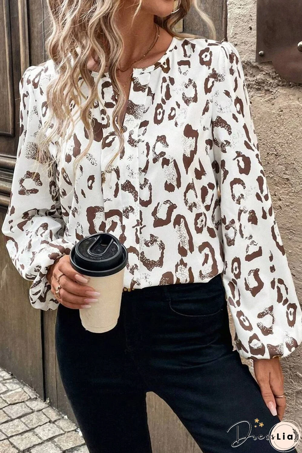 Khaki Leopard Print Split Neck Balloon Sleeve Blouse