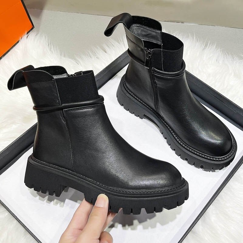 CXJYWMJL Genuine Leather Women Chelsea Boots Autumn British Style Thick Bottom Martin Boots Ladies Retro Side Zipper Booties