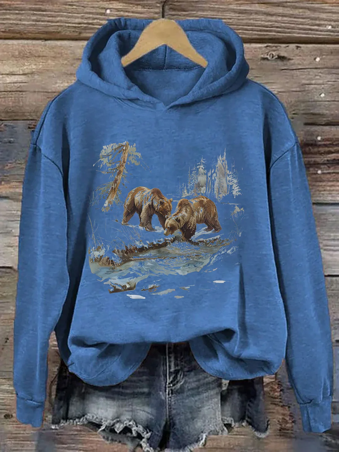 Retro Grizzly Bears Wilderness Scene Hoodie