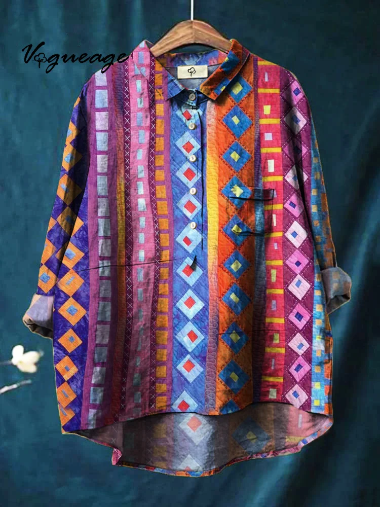 Colorful Striped Diamond Squares Print Cotton And Linen Shirt