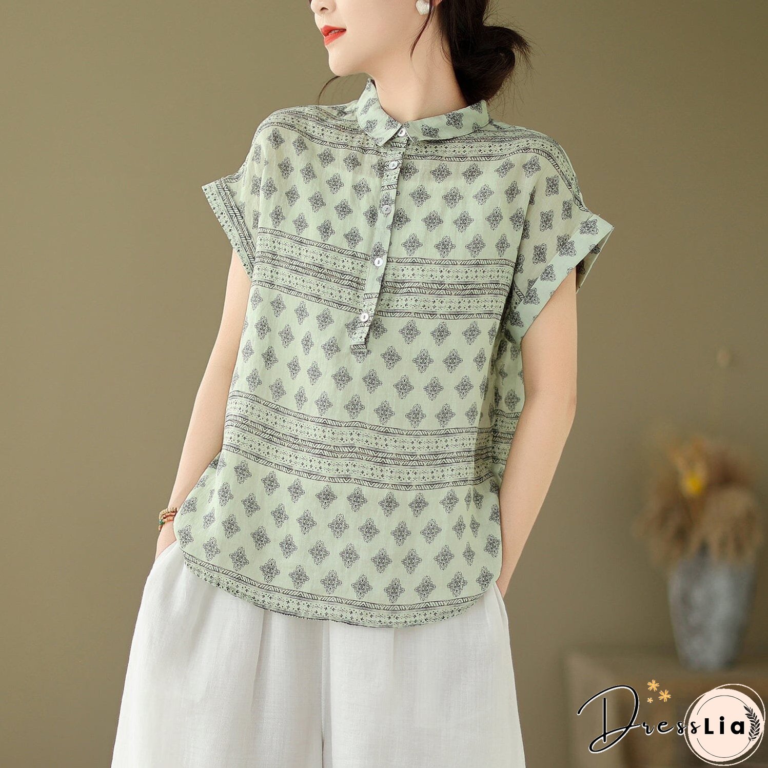 Women Summer Retro Print Linen Minimalist Tops