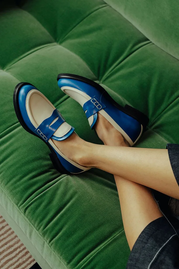Patchwork Color Block Round Toe Casual Blue Loafers [Pre Order]