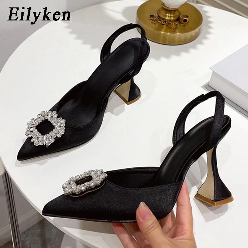 Eilyken Fashion Brand Women Pumps Crystal Slingback Summer Pointed Toe Comfortable Triangle Heeled Party Wedding Bride Shoes