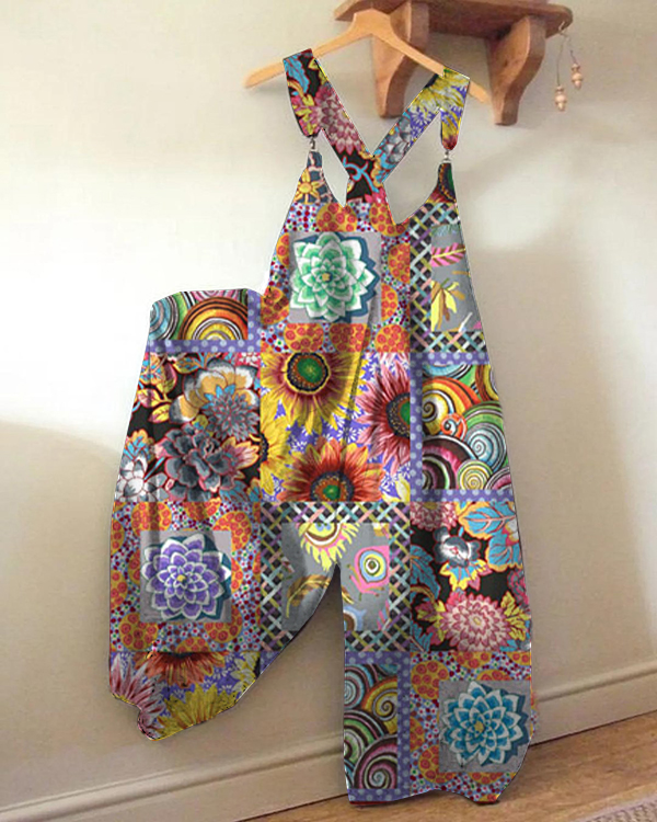 Floral Check Print Loose Jumpsuit