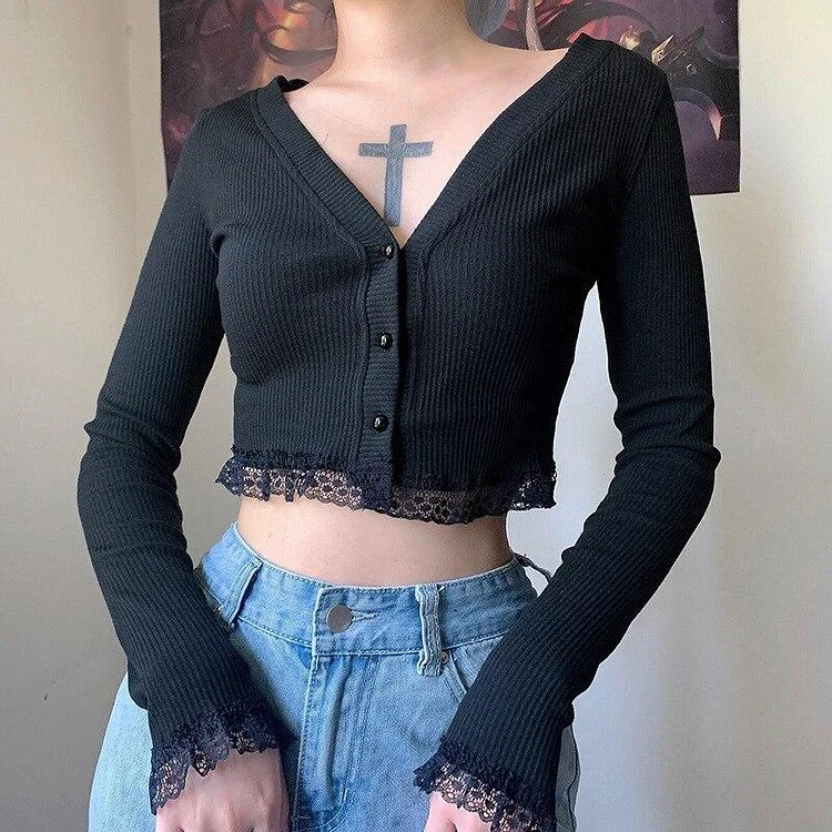 GOTH BUTTONED LONG SLEEVE CROP TOP