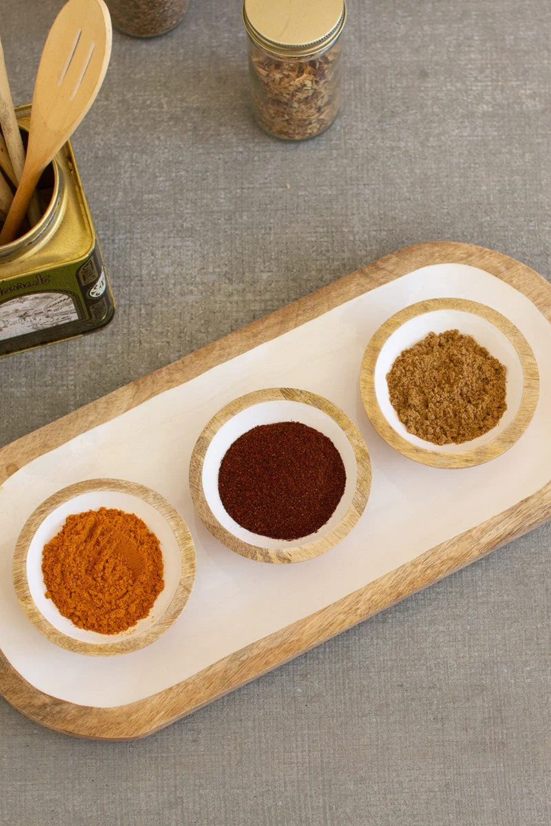 White Enamel Wooden Condiment Bowls With Tray Set Of 3 By Kalalou