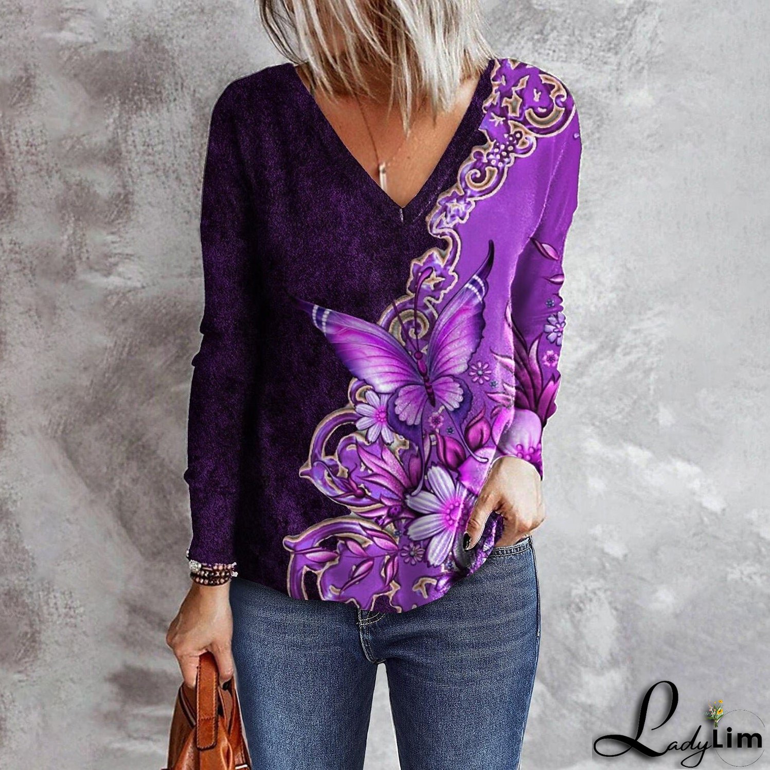 V-neck Long Sleeve Loose T-shirt for Women Flower and Butterfly Print