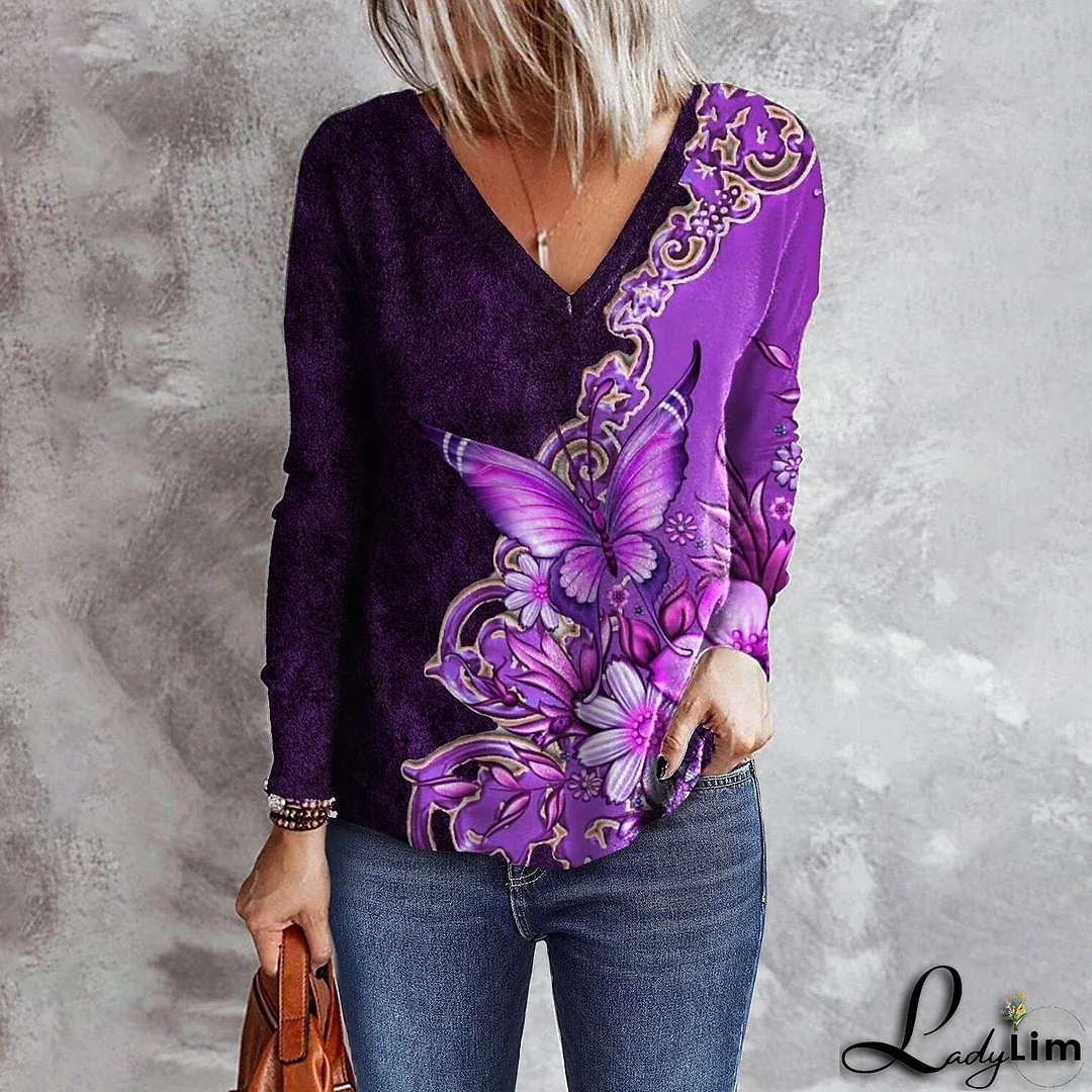 V-neck Long Sleeve Loose T-shirt for Women Flower and Butterfly Print