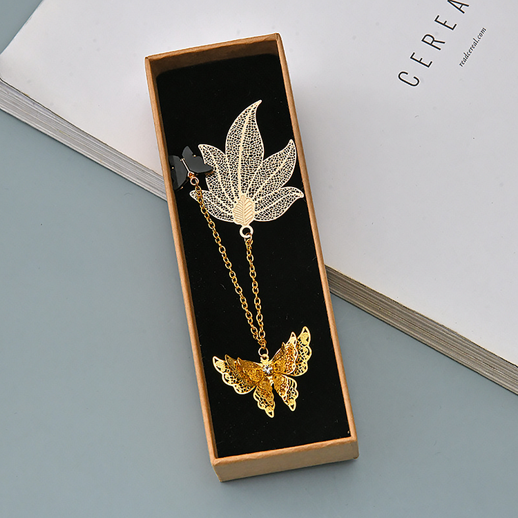 Adorable Bookmarks - Metal Maple Leaf Bookmarks With Butterfly Chain - Gift Box Together