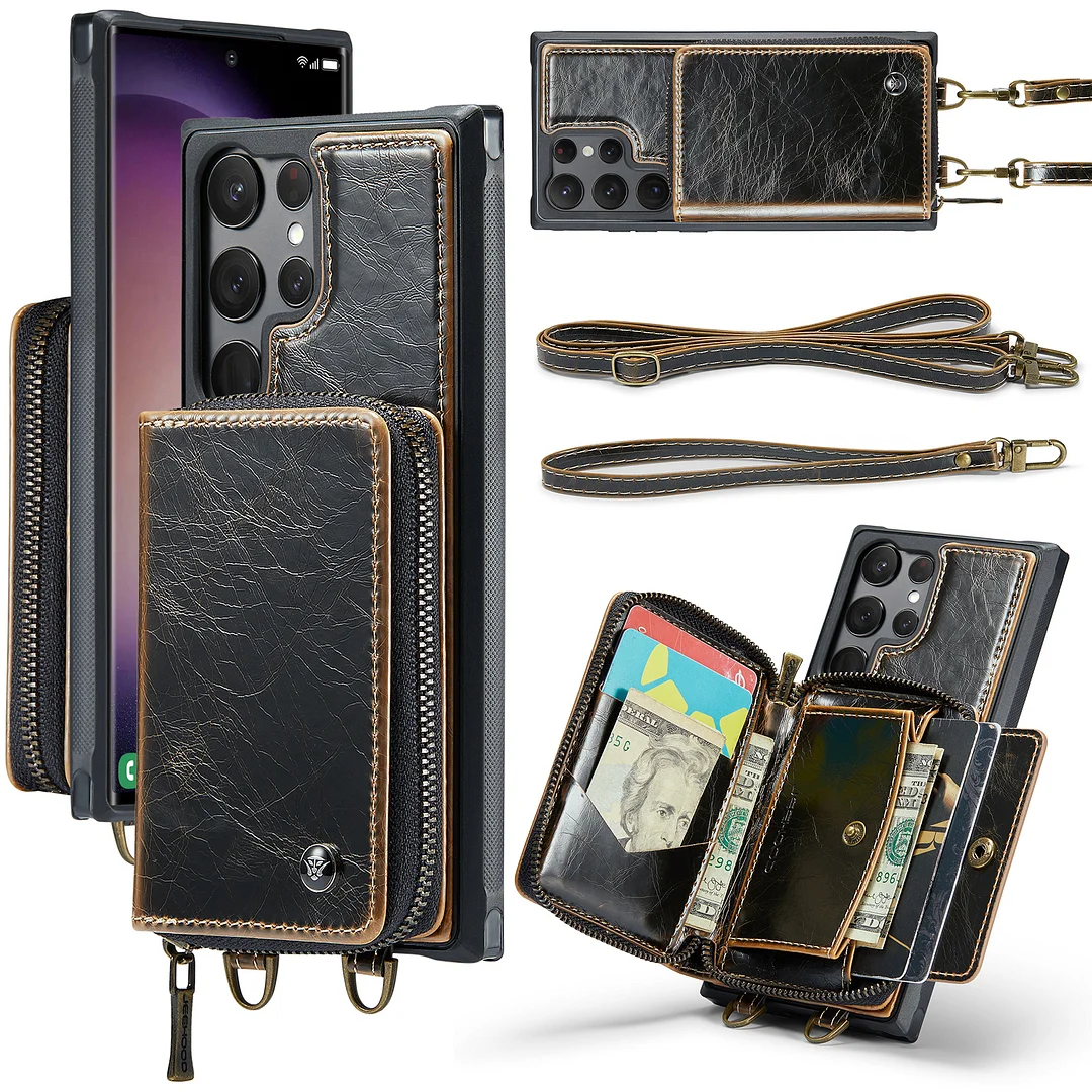 Luxury Crossbody Retro Leather Phone Case With 4 Cards Wallet,Kickstand,Zipper Slot And Lanyard For Galaxy S22/S22+/S22 Ultra/S23/S23+/S23 Ultra