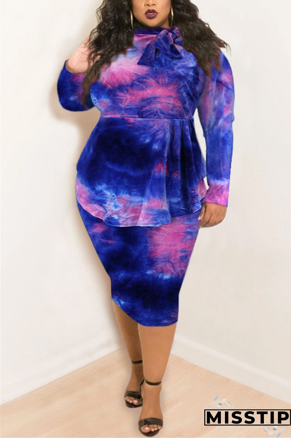 Orange Fashion Casual Plus Size Print Tie Dye Tie-dye Turtleneck Printed Dress