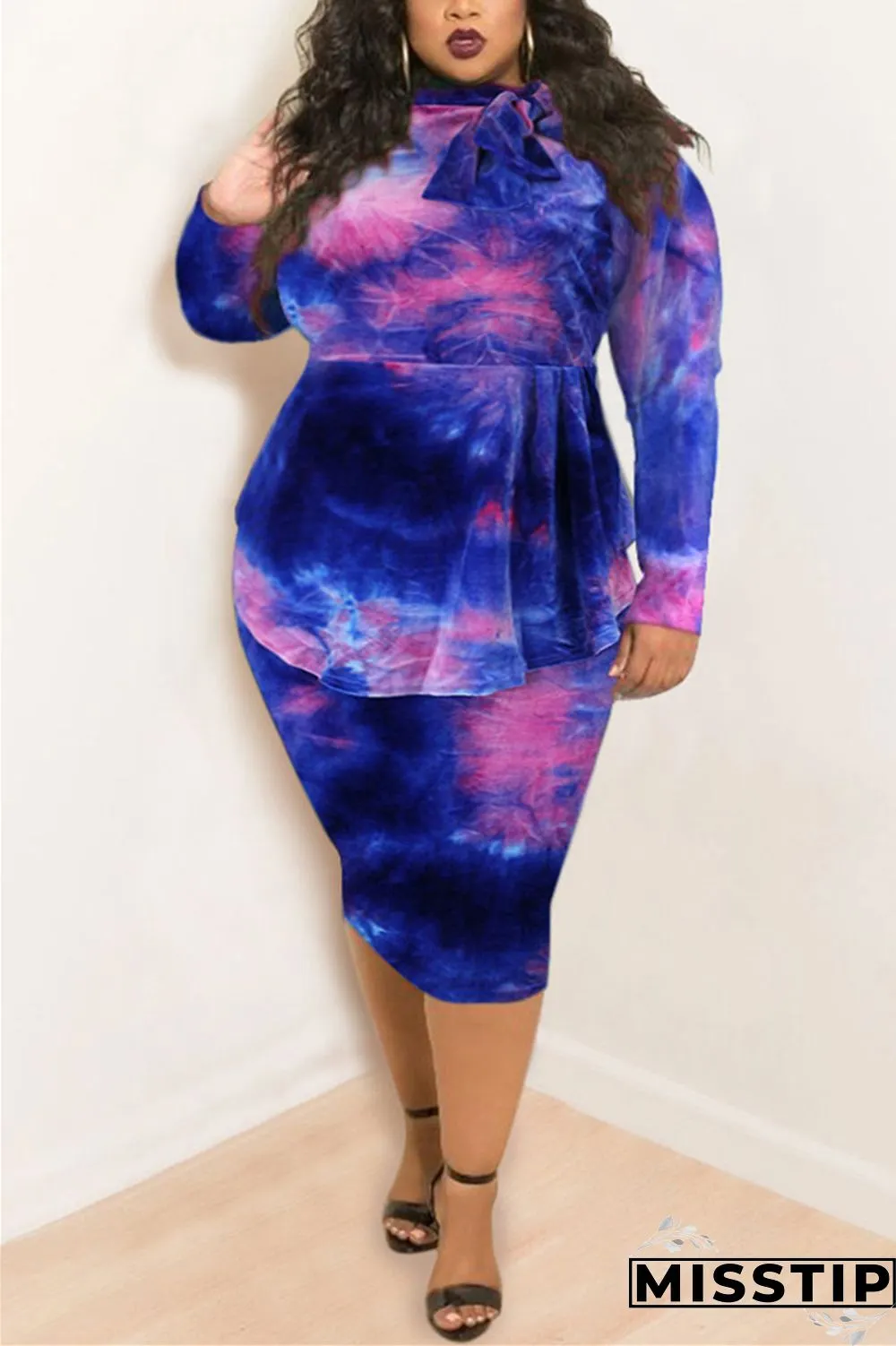 Orange Fashion Casual Plus Size Print Tie Dye Tie-dye Turtleneck Printed Dress
