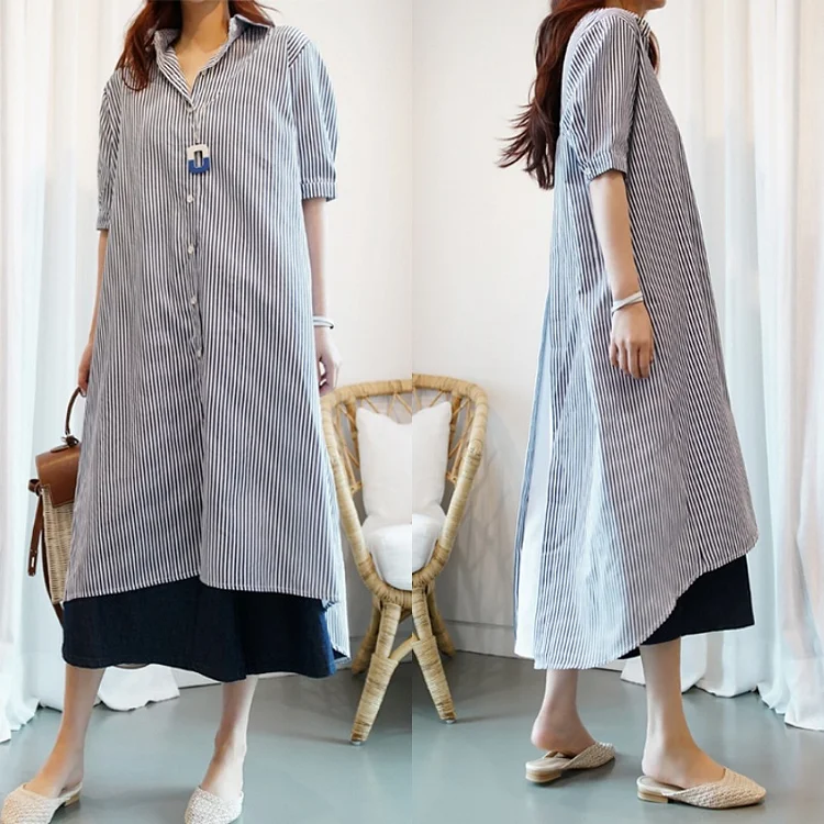 Simple Splicing Short Sleeve Midi Dress