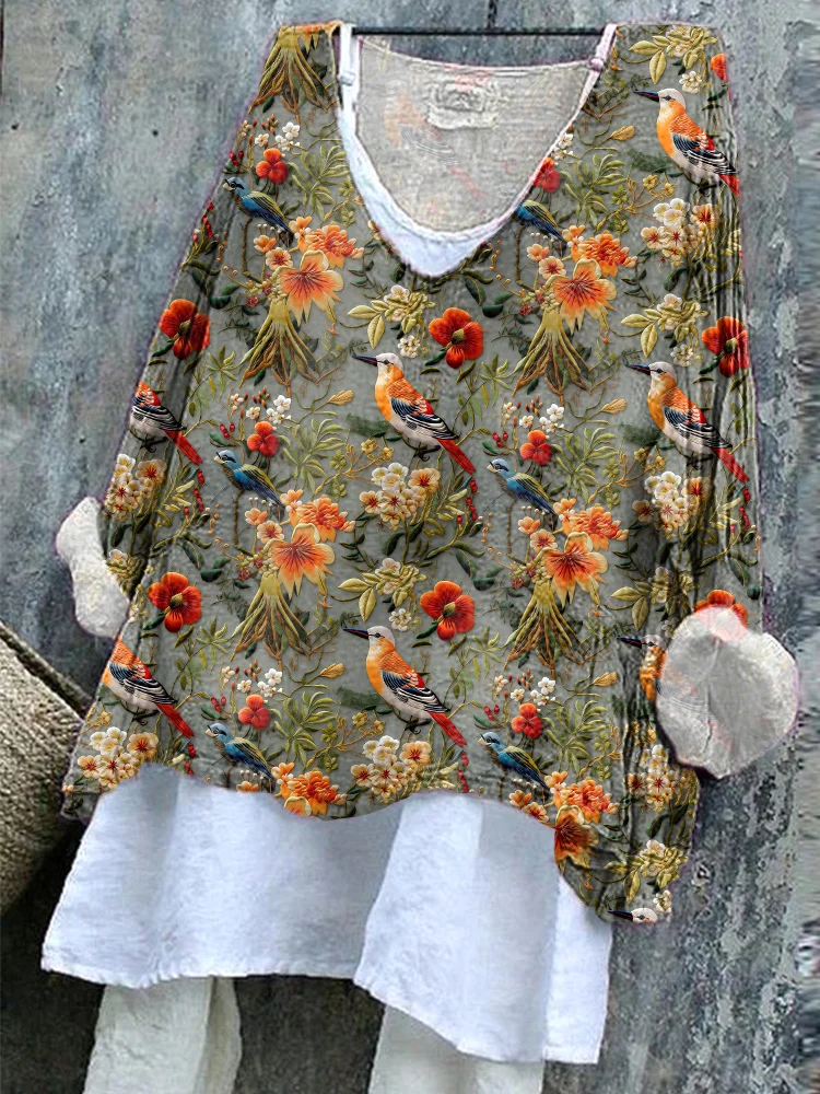 Flowers And Birds Embroidery Pattern Cozy Cotton Linen Shirt