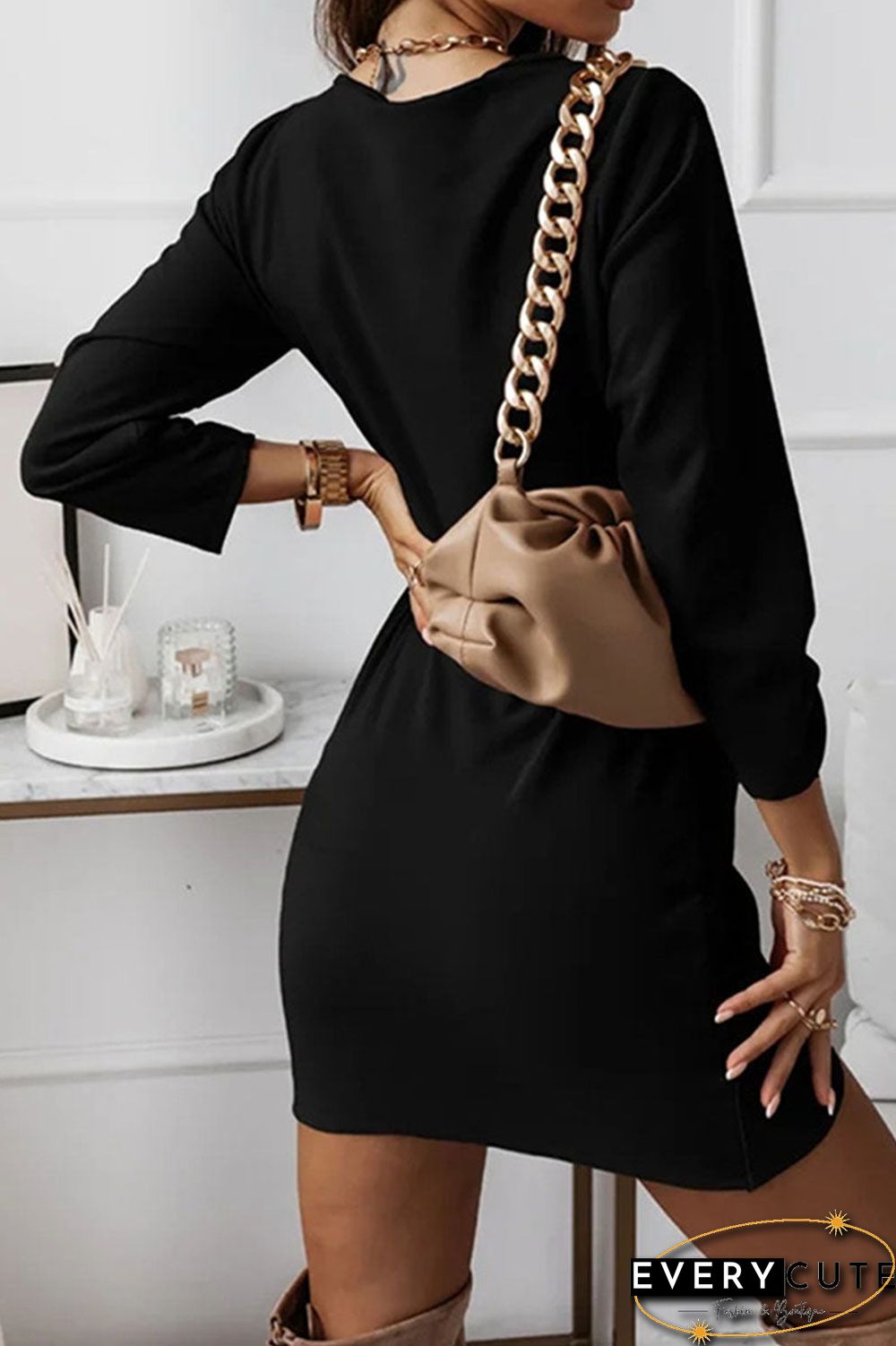 Fashion Elegant Solid Split Joint Fold V Neck Pencil Skirt Dresses(4 Colors)